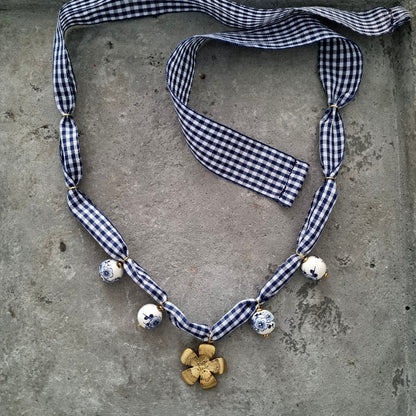 Ketting lint geblokt bloem stof delftsblauw