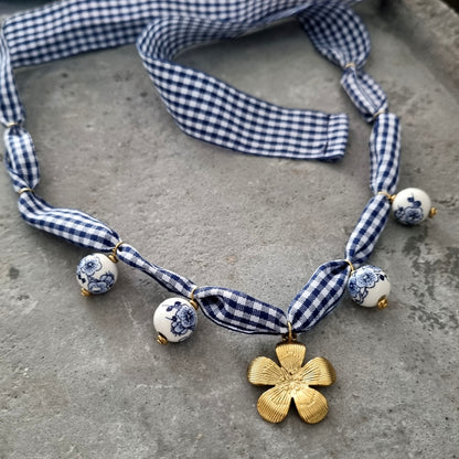 Ketting lint geblokt bloem stof delftsblauw