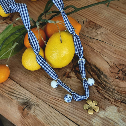 Ketting lint geblokt bloem stof delftsblauw