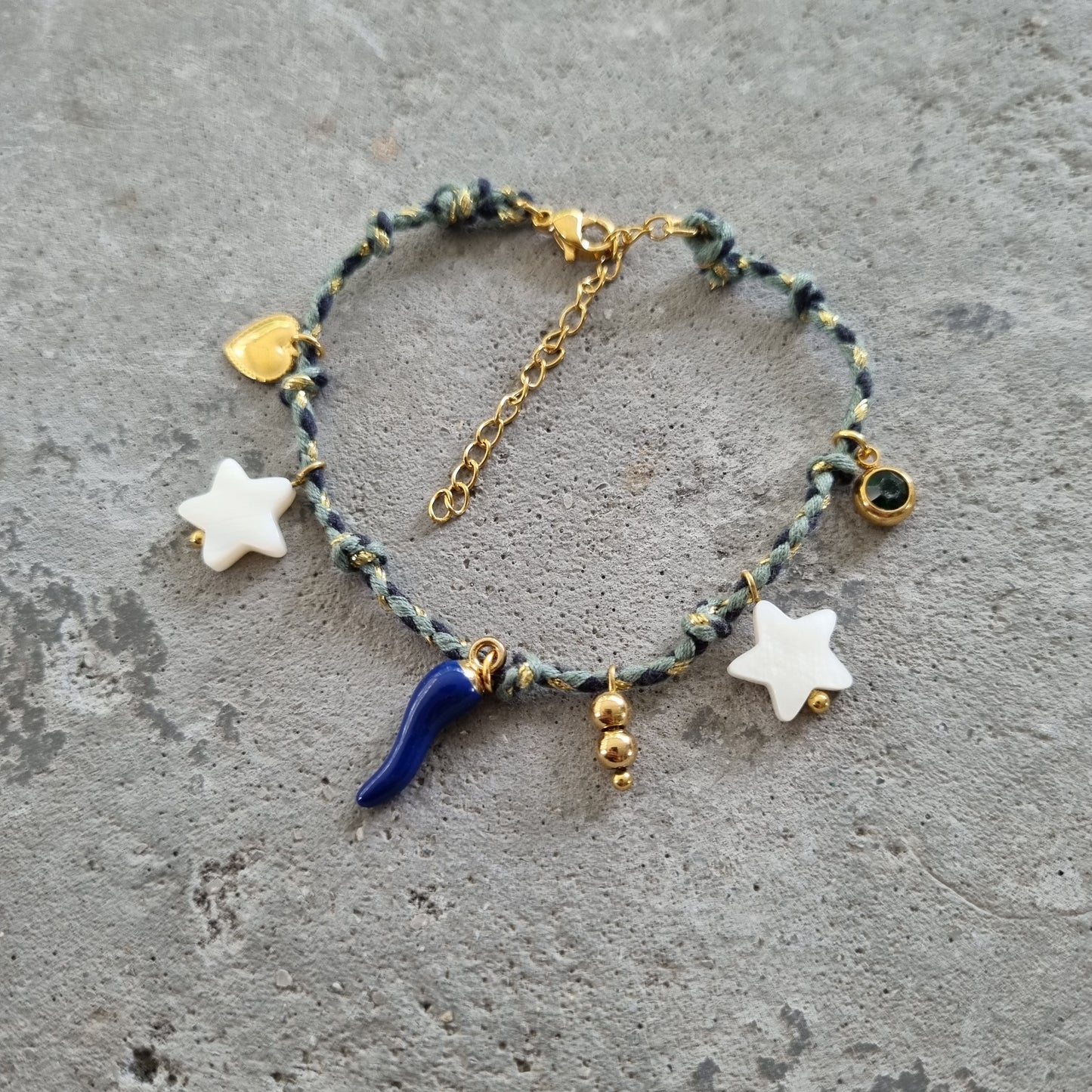 Armband koord bedels rvs hart ster peper