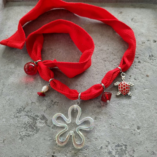 Ketting stof bloem glas parel