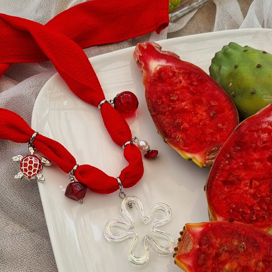 Ketting stof bloem glas parel
